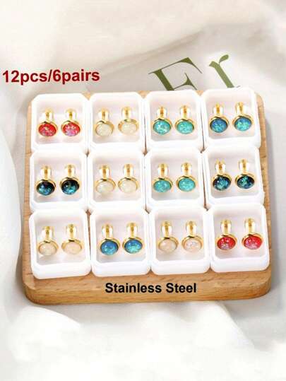 Conjunto de brincos redondos de cascalho brilhantes boêmios de aço inoxidável com 24 peças/12 pares, cores mistas, design requintado e compacto, minimamente colorido, escolha de presente diário, adequado para homens e mulheres