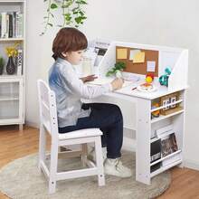 Kids Study Desk With Chair, Kids Desk And Chair Sets With Hutch, Storage Cabinet And And Bulletin Board, Wooden Children Study Table, Student Writing Table Computer Workstation - White - View 5