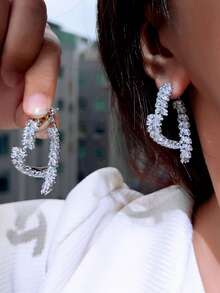 1 Pair Beautiful Pink Cubic Zirconia Pave Sparkling Heart Shaped Leaf Dangle Drop Long Big Hoop Earrings For Women, Daily, Party, Wedding, Engagement Jewelry