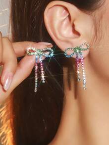 Retro Shining Tassel Club Bowknot Crystal Rhinestone Earrings Stud Wedding Party Graduation Jewelry 1 Pair - Silver - View 21