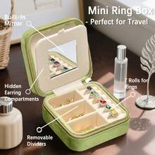 Plush Velvet Jewelry Box | Travel Jewelry Case Organizer With Mirror  | Best Gifts For Daughter, Girlfriend, Mom | Gifts For Her - 綠色 - 查看 2