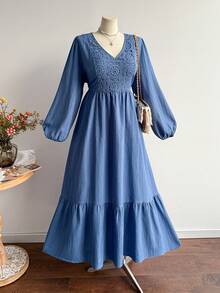 Rusttydustty 大码女式V领蕾丝拼接长袖连衣裙，波西米亚风优雅度假休闲连衣裙，适合秋冬春季穿着 - 藍色 - 查看 7
