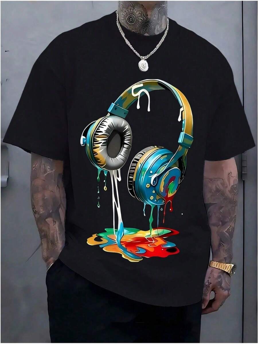 Men's Navy Blue Graphic Tee With Vibrant Headphone Print - 220g Thick Cotton, Casual , Short Sleeve Crew Neck T-Shirt, Machine Washable For Summer Fashion, Street Fashion Tee | Graphic Print Shirt | Durable Casualwear - 黑色 - 查看 1