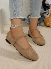 Zapatos planos cómodos de suela suave y diseño de hebilla retro para mujer, bailarinas, zapatos tipo Mary Jane - Caqui - Ver 4