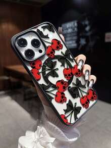 黑色蕾丝蝴蝶结骷髅樱桃印花图案磁吸指环手机壳适用于 16 Pro Max、14/13、12、11 Pro Max、XS Max、X、XR、8、7、Plus、Mini，适合作为生日礼物、女朋友、男朋友或自用 - 彩色 - 查看 4