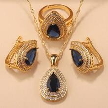 18K Gold Plated Elegant Minimalist Water Drop Jewelry Set, Includes Earrings, Necklace Pendant, Adjustable Ring, Synthetic Cubic Zirconia, Bridal Wedding Fashion Accessories, Suitable For Daily Wear, Christmas, Halloween, Thanksgiving, Valentine's Day, Anniversary