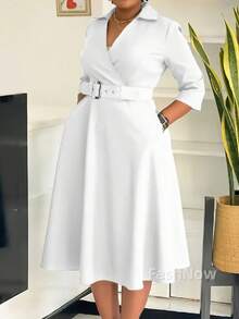 Elegant Women's 3/4 Sleeve A-Line Dress With Belt Party Wedding Guest Office Lady Work Church Semi-Formal Casual Dress - 白色 - 查看 7