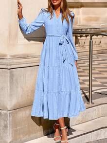 Womens Fall Maxi Dresses Casual Long Sleeve V Neck Button Down Flowy A Line Tiered Shirt Dress With Pockets - Màu xanh nhạt - Xem 3