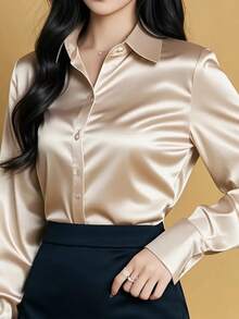 女士优雅缎面香槟色正式面试长袖衬衫，面料闪亮、光滑、柔软舒适，百搭商务休闲职业衬衫，采用高端缎面质地，适合办公室和日常穿着，春夏秋冬