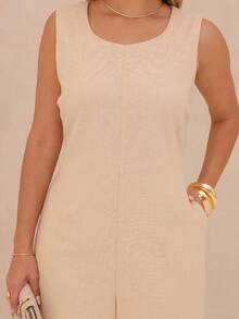 Elegant Linen Pantaloon Jumpsuit Wide Legs And Discreet Pockets - Cream - View 5