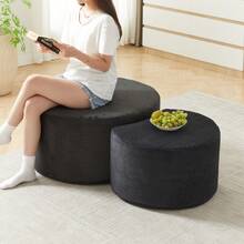 Coffee Table Set, 2-Piece Cushioned Round Coffee Tables, Set Of 2 For Living Room, Modern Round Foam Coffee Table, Side Table, Ottoman, No Assembly Required - Black + Fabric - View 9