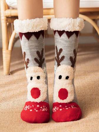 1 Pair Of Women's Christmas Reindeer Mid-Calf Socks, Soft And Comfortable Dispensing Anti-Slip Floor Socks, Thermal Lined Warm, Thick And Warm, Moisture-Absorbing And Odor-Proof Christmas Socks Suitable For Holiday Gifts, Home, Sleep Autumn/Winter Christmas Socks With Santa Claus, Reindeer,