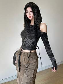 Top Dazzle Streetwear 女士纯色性感露肩长袖 T 恤 - 黑色 - 查看 5