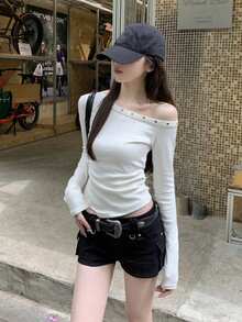 韩版时尚不对称肩部褶饰铆钉设计长袖T恤上衣，春季