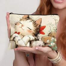 1 Pc Funny Cat Retro Cat Pattern Cosmetic Bag, Funny Cat Toiletry Bag, Portable Travel Storage Bag,Zipper Lightweight Makeup Pouch For Women, Makeup Bag, Pencil Bag Travel Essentials Holiday Vacation Makeup Organizer Travel Bag For Women
