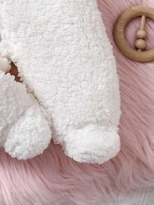 1pc Newborn Baby Hooded Romper, Soft Plush Fabric, Dual-Zipper & Button Design, Cute Bear Style, Long Sleeve Footed Jumpsuit, Comfortable For Infant