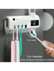 1Pc White Smart Toothbrush Sterilizer, Hole-Free Wall-Mounted Toothbrush Holder, USB Charging Multi-Functional Automatic Toothpaste Squeezer, Bathroom Set Can Hold 4 Toothbrushes And One Toothpaste, Suitable For Bathrooms, Dormitories, And Home Decoration Home Bathroom Decor - Multicolor - View 2
