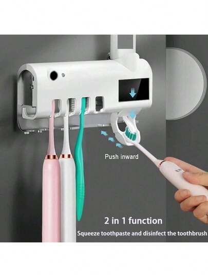 1 pieza Esterilizador de cepillo de dientes inteligente blanco, soporte de pared para cepillo de dientes sin agujeros, exprimidor automático de pasta de dientes multifuncional con carga USB, juego de baño que puede sostener 4 cepillos de dientes y un tubo de pasta de dientes, adecuado para baños, dormitorios y decoración del hogar