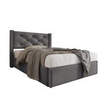Hydraulic Single Upholstered Bed 90x200cm, Bed With Slatted Metal Frame, Modern Bed Frame With Storage Space, Cotton, Grey