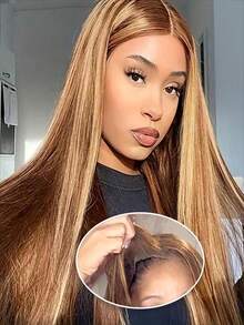 Eulisi Peruca Frontal de Renda 13X4 Reta de Cabelo Humano, Densidade de 150, Renda Transparente para Mulheres, Pré-Arrancada com Cabelo de Bebê, Cor Natural, Peruca Curta 8-14 polegadas, Cor Marrom 4#, Cor 613#, Cor Vermelho, Cor Borgonha Ombré, Loiro Mel P10/613#, P18/613#, Laranja - Preto - Visão 107