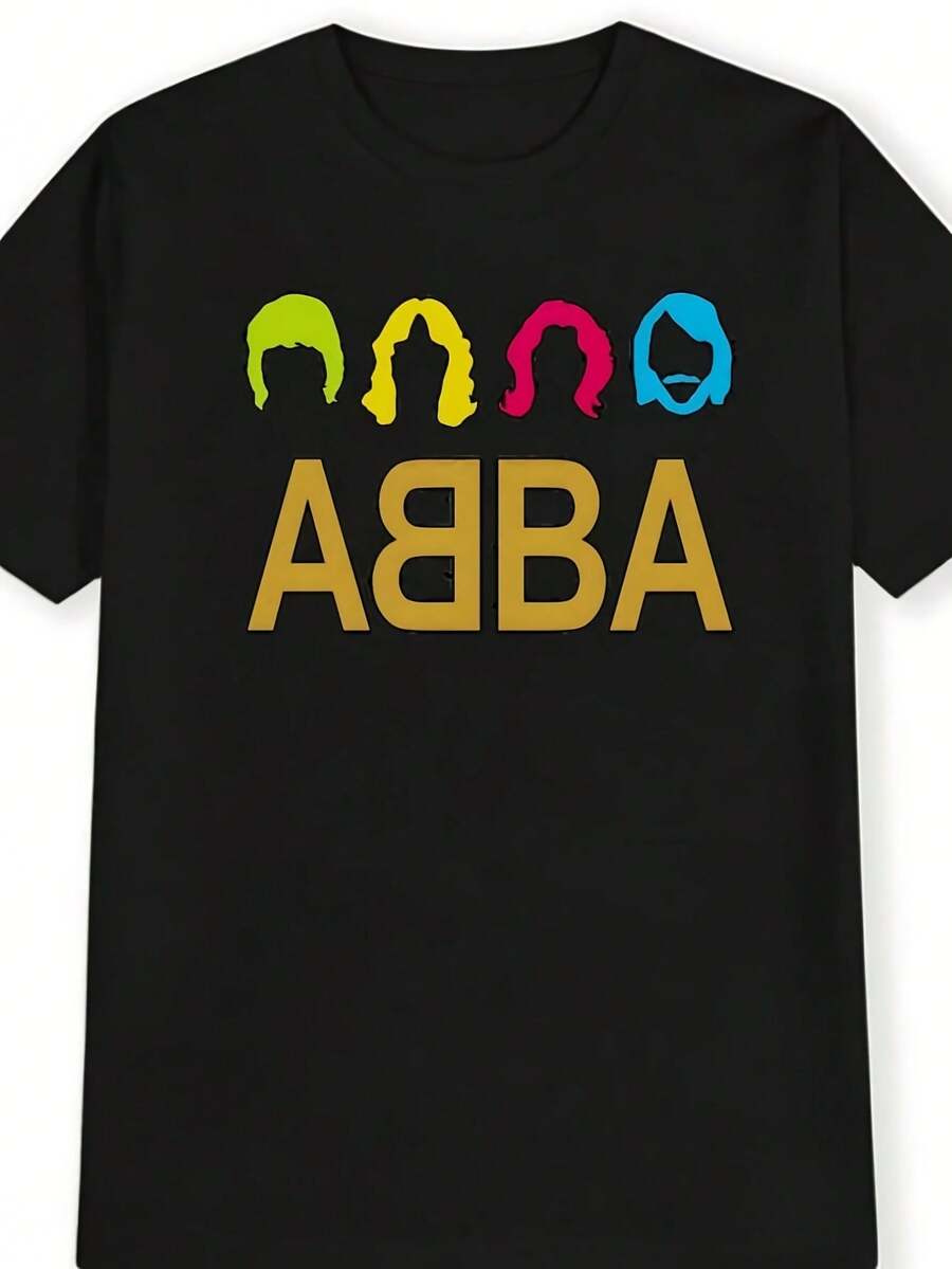 ABBA Vintage Rock Band Graphic T-Shirt For Men - Black Retro Music Tee With Bold Yellow Lettering & Colorful Silhouettes, Regular Fit Short Sleeve Round Neck Casual Summer Top, Band T Shirts - 黑色 - 查看 1