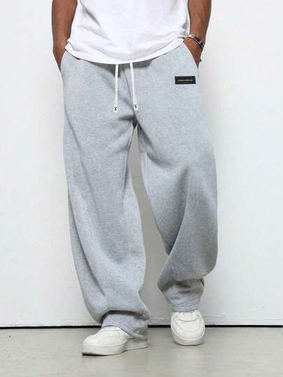 Men's Knitted Drawstring Loose Straight Wide Leg Sweatpants, Suitable For Spring, Autumn, Workout, Running, Gym, Outdoor, Casual, Letter Logo, Versatile