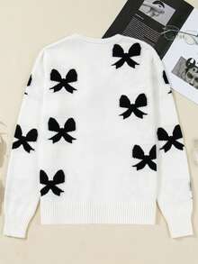 Acelitt Women's White Knit Contrast Color Bow Pattern Casual Loose Cardigan, No Button Design With Tie, Autumn/Winter Sweater - Black and White - View 7