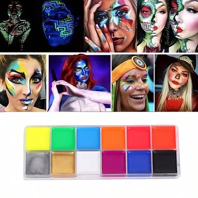 12 Colors Oil-Based Watercolor Paints, Face Paint, Fluorescent - Visible Under UV Light, Vibrant Colors, Suitable For Summer Parties, Carnivals, Halloween, Christmas, Easter, Stage Performances, Cosplay, World Cup Cheerleading Outfits