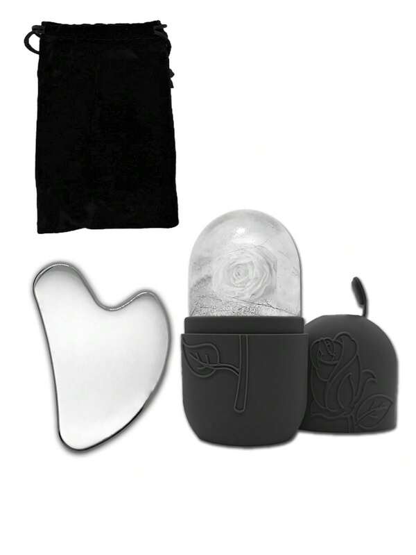 3pcs Ice Face Roller + Stainless Steel Gua Sha Board + Cloth Flannel Bag - Facial Skin Care Ice Roller Set, Facial Massage Tools, Silicone Ice Face Roller, Ice Roller, Stainless Steel Gua Sha Board, For Relieving Face And Eye Puffiness