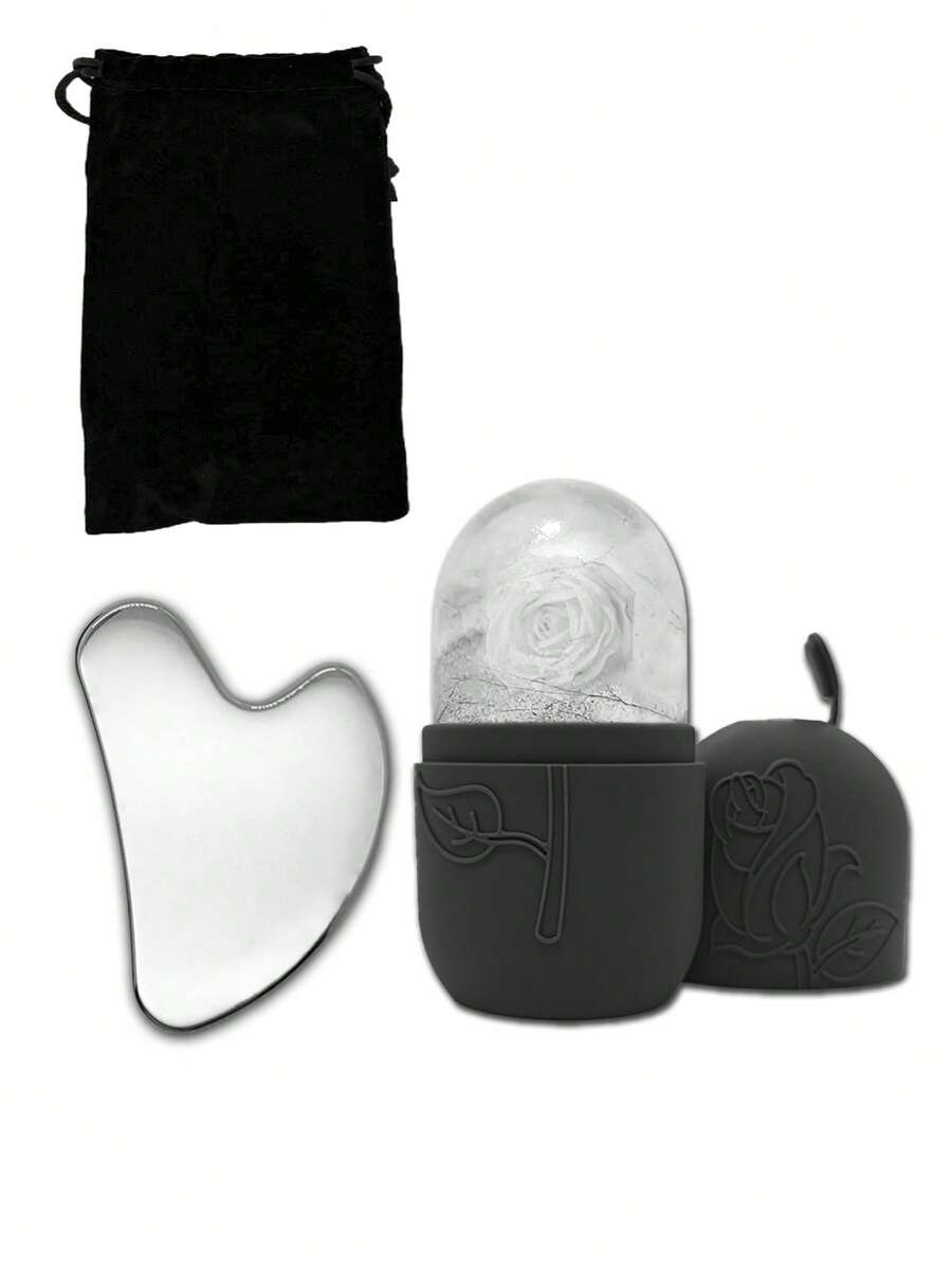 3-częściowy lodowy wałek do masażu twarzy + stalowa deska gua sha + flanelowy woreczek - Zestaw lodowych wałków do pielęgnacji skóry twarzy, narzędzia do masażu twarzy, silikonowy lodowy wałek do masażu twarzy, lodowy wałek, stalowa deska gua sha, do łagodzenia opuchlizny twarzy i oczu