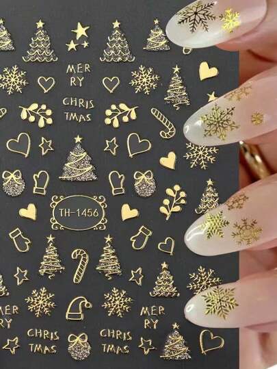 1片金色圣诞美甲贴纸，带有雪花和圣诞树图案，自粘式美甲贴