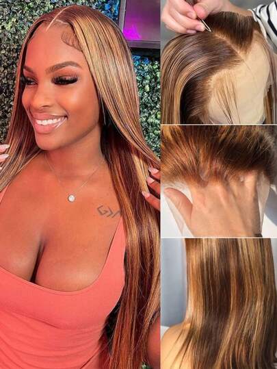 Eulisi Highlight Ombre Lace Front Wig Human Hair, 5x5 Straight 4/27 Honey Blonde Transparent Lace Front Wig Human Hair Pre Plucked 180% Density Colored Lace Front Wigs For Women 22Inch