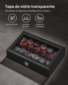 Caja de Relojes con 12 Compartimentos, Estuche de Relojes con Tapa de Cristal, Cojín Extraíble, Cierre Metálico, Idea de Regalo, Cuero Sintético Negro y Forro Rojo Burdeos, Regalo de Navidad - Rojo - Ver 4