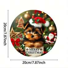 Chiot de Noël avec chapeau de Père Noël, panneau métallique rond de 8x8 pouces, décoration murale pour bar, café, club - impression plate sur métal - décoration festive de Noël - cadeau parfait pour les amateurs de Noël et les passionnés de décoration d'intérieur
