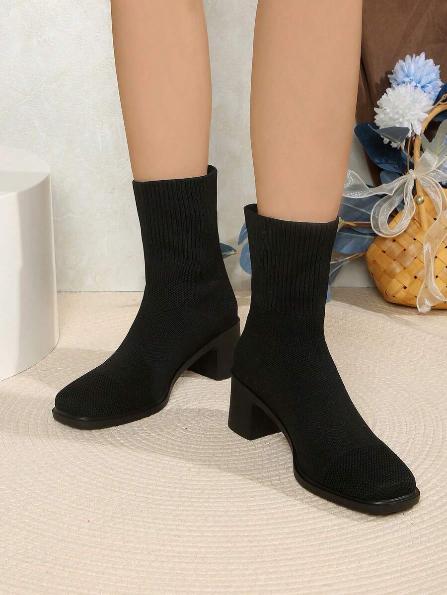 Western Style British Thick Heel Short Boots For Women, Slim Fit Boots In Brown & Black Color, Square Toe High Heel Knit Elastic Ankle Boots, Autumn/Winter