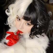 1顶女士时尚黑白阴阳卷发假发，中长款，适合各种角色扮演服装 - 彩色 - 查看 6