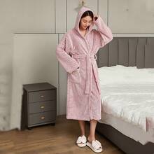 1pc Coral Fleece Soft Absorbent Hooded Bath Robe, Loungewear, Sleepwear Back To School - Pink - View 12