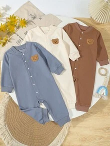 3件套小熊图案男婴长袖连体衣，休闲爬行服 - 彩色 - 查看 10