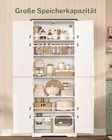 Hoher Lagerschrank, Küchenschrank mit 4 Regalen, verstellbare Regale, Vorratsschränke mit 4 Scheunentüren, freistehender Schrank für Küche, Esszimmer, Wohnzimmer, weiß