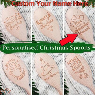Christmas Spoon Design - Personalised Wooden Spoons, Named, Cracker, Reindeer, Name, Happy Holidays, Xmas Gift, Table Decoration