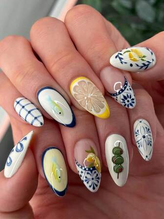 Juego de 24 uñas postizas en forma de almendra francesa con diseños de gel 3D, con estampados de limón, peces lindos, cuadros azules, lazos decorativos, de cobertura completa, ideales para fiestas, citas y vacaciones de damas y niñas