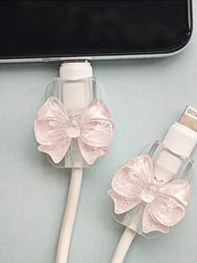 2pcs Pink Bowknot Universal Lightning (5-14) Type-C Cable Protector - , Shockproof, Fashionable Phone Accessory Design - Plastic Cable Protector With Cute Bowknot Decoration, Charging Cable Protector