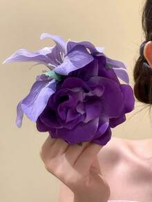 1件云紫玫瑰双花发夹，2025新款，人造花侧夹发夹，富有氛围感，鸭嘴夹配两朵花发饰，女士适用。 - 彩色 - 查看 4