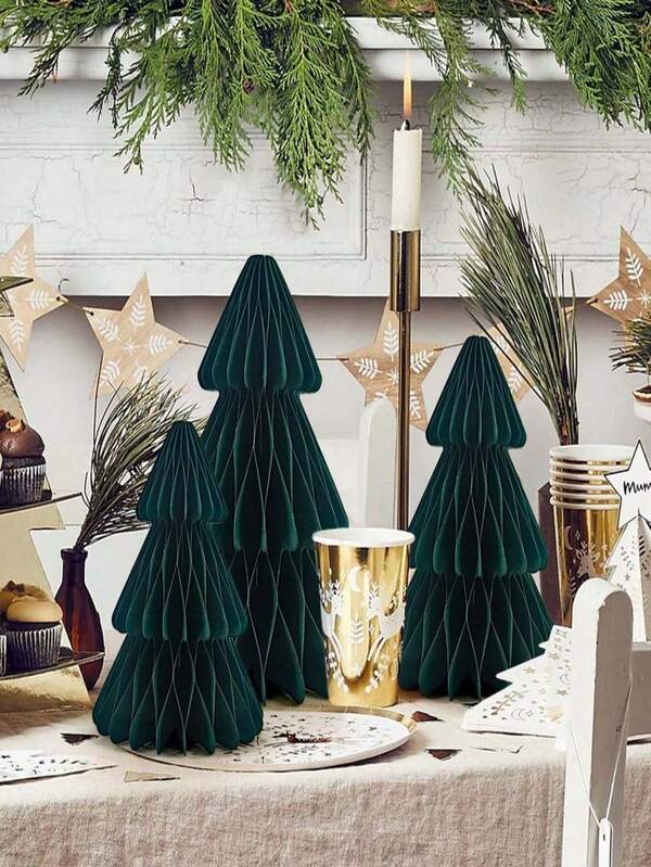 Feliz Navidad 1/3 piezas: Árboles de papel de panal verde - Perfectos para centros de mesa navideños, decoraciones de fiesta y regalos, incluye tamaños de 12,7 cm, 15,24 cm, 17,78 cm Decoración navideña para el hogar, decoración de dormitorio, decoración navideña, decoración del hogar, decoración de otoño, decoración de habitación, decoraciones de otoño para el hogar Decoraciones navideñas de invierno