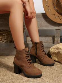 Botas de Tornozelo de Salto Alto Marrom Femininas, Botas de Plataforma Impermeáveis de Bico Redondo na Moda com Salto Grosso, Botas Curtas Versáteis de Inverno/Outono Novas com Zíper Lateral Marrom e Botas de Tornozelo, Botas Curtas de Salto Alto de Cor Sólida, Botas de Vestido de Salto Alto, Botas Curtas Femininas com Cadarço na Frente