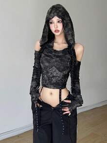 Top Dazzle Streetwear 女士纯色性感露肩长袖 T 恤 - 黑色 - 查看 4
