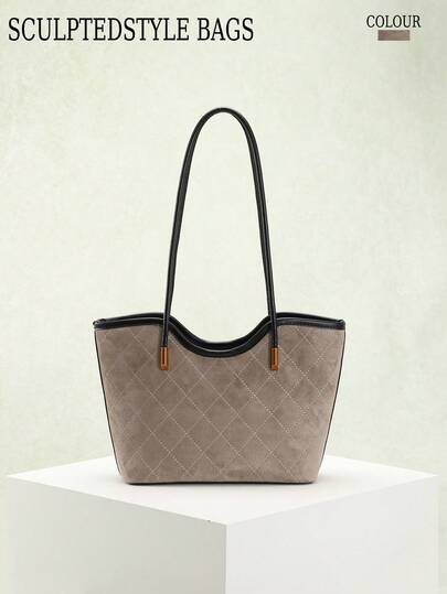 1 pieza Nuevo bolso de mano pequeño de otoño/invierno de tela de gamuza gris con acolchado y costuras, decoración de metal vintage, para mujer. Diseño de correa de color contrastante para el hombro/debajo del brazo, adecuado para uso diario, compras, citas.