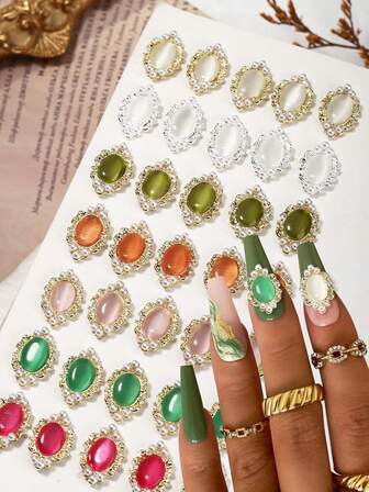 10 Pcs Oval Cat Eye Nails Charms Alloy Nail Art Supplies DIY Silver Gold Nail Art Ornaments Nail Art Gems For Acrylic Nails, Daily And Holiday Nail Decorations