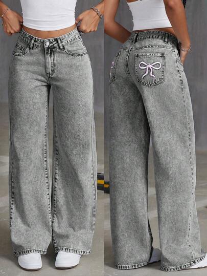 Teen Girl's Loose Fit Butterfly Print Denim Wide-Leg Pants