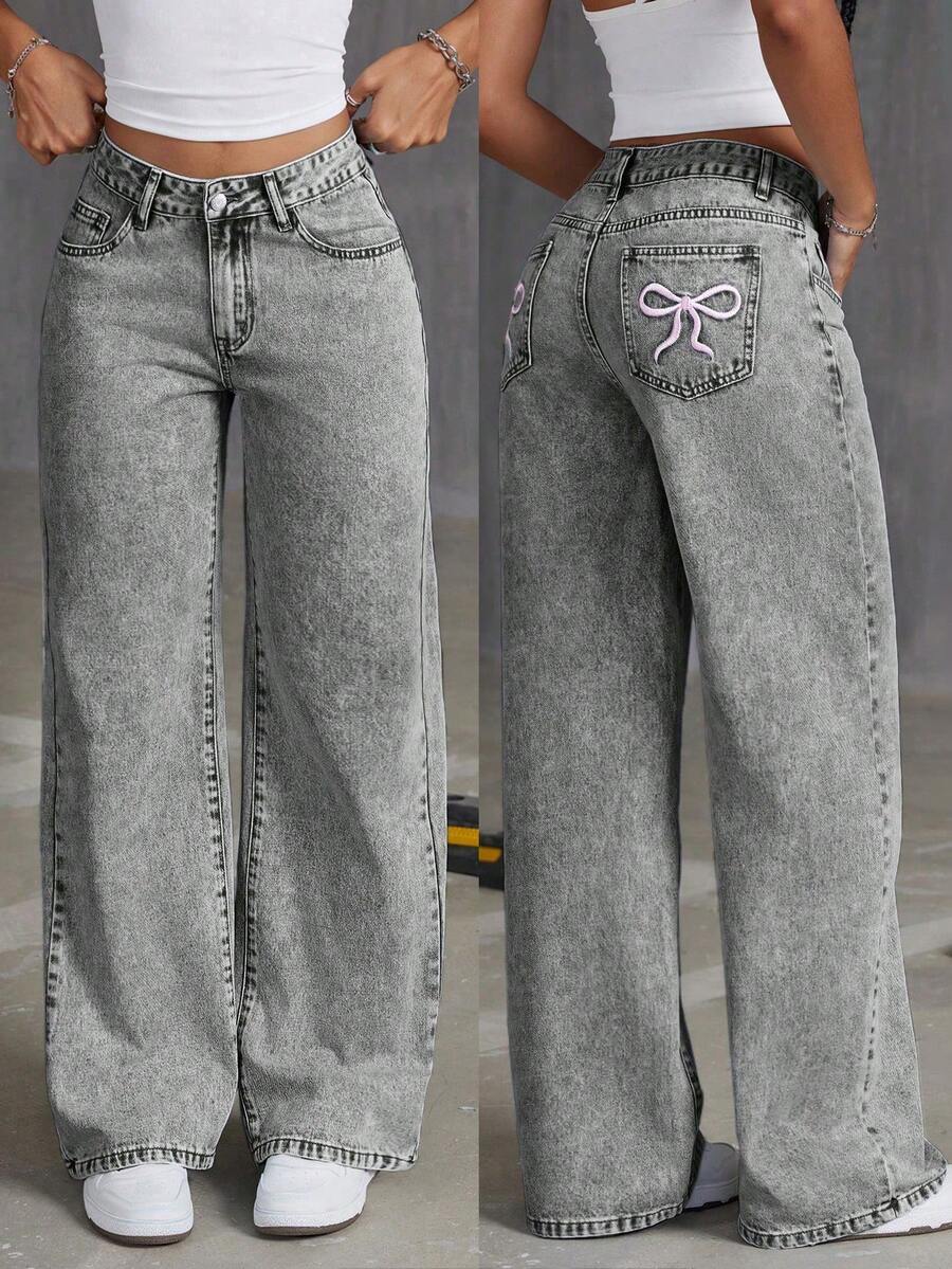 Teen Girl's Loose Fit Butterfly Print Denim Wide-Leg Pants - Light Grey - View 1